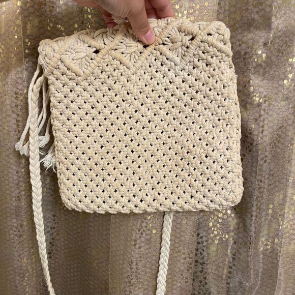 World Market Ivory Macramé Tassel Fringe Boho Crossbody Purse - Picture 6 of 6